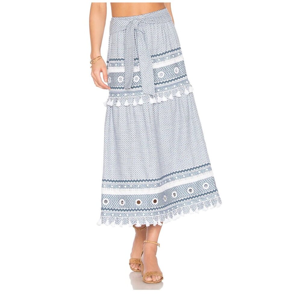 Dodo Bar Or Ataliya Embroidery Tassel Midi Skirt and Tie in Blue/White - Sz M